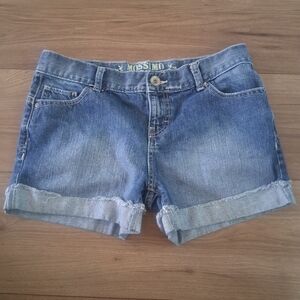 Mossimo Blue‎ Mid Rise Midi Denim Shorts Raw Hem Womens Size 9/31 Cut Offs Y2K